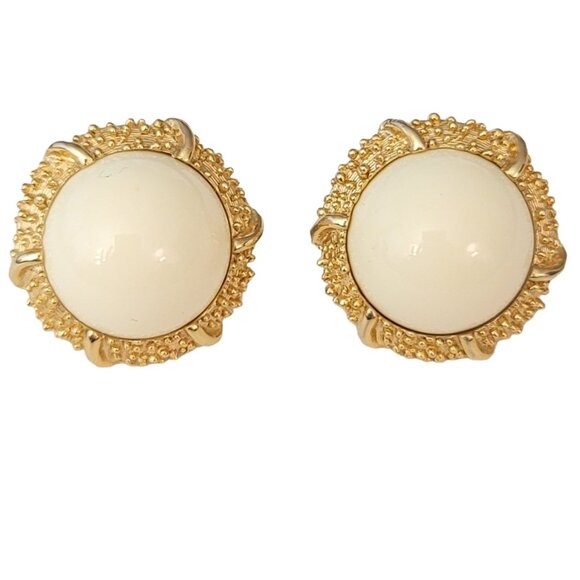 Trifari Crown Over T Gold Tone Round Cream Domed Button Clip On Earrings, Signed - Picture 3 of 9